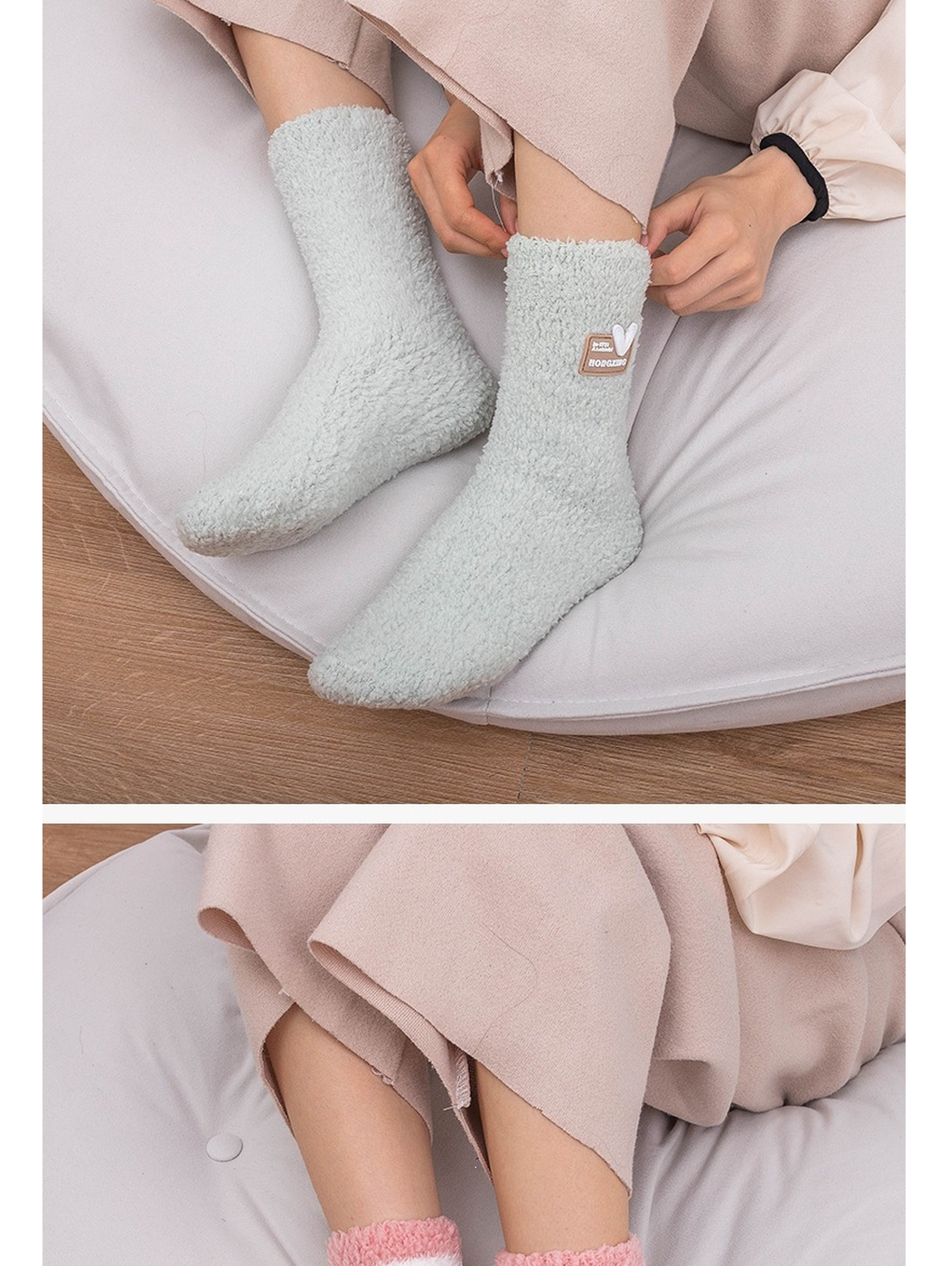 Mint and pink fuzzy crew socks worn in indoor lifestyle views