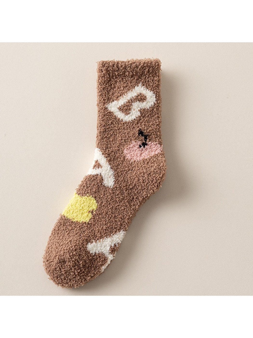Brown fuzzy crew sock with heart, face and yellow accent motifs