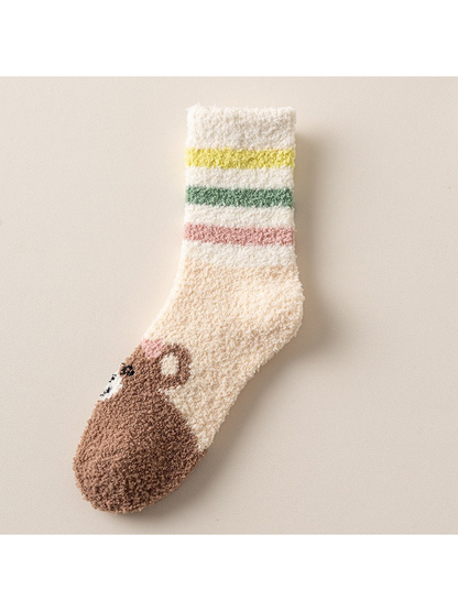 Ivory fuzzy crew sock with colorful cuff stripes and brown bear toe motif