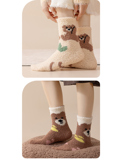 Ivory bear socks and brown bear socks shown in two worn views