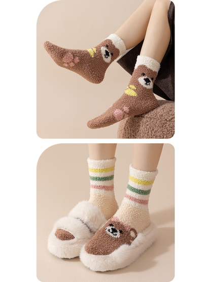 Brown bear socks and striped bear socks styled in two slipper scenes