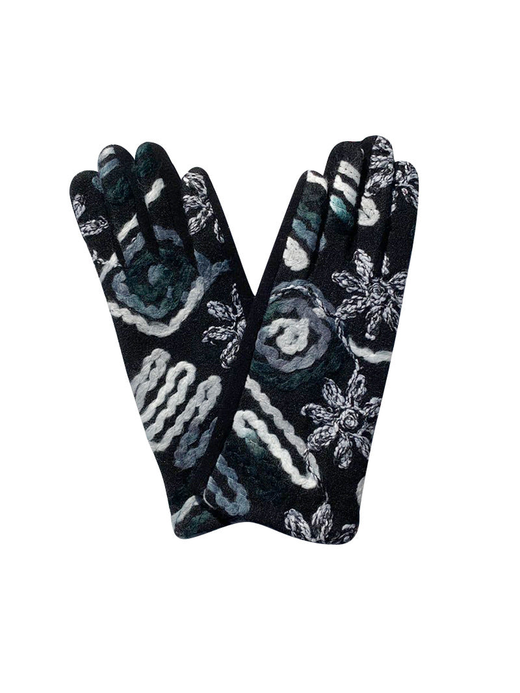 Black and gray floral gloves with extended cuffs on a white background