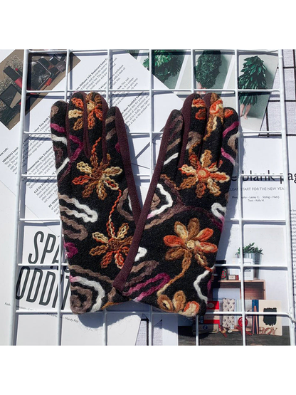 Brown floral gloves with raised multicolor decoration, back view