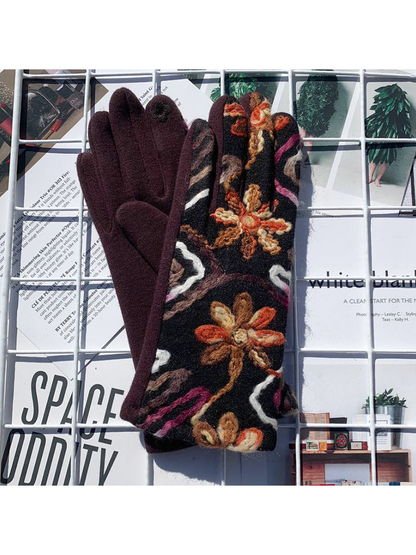 Brown floral gloves showing the plain palm and decorated back