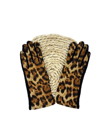 Caramel leopard-print gloves with extended cuffs and black edging
