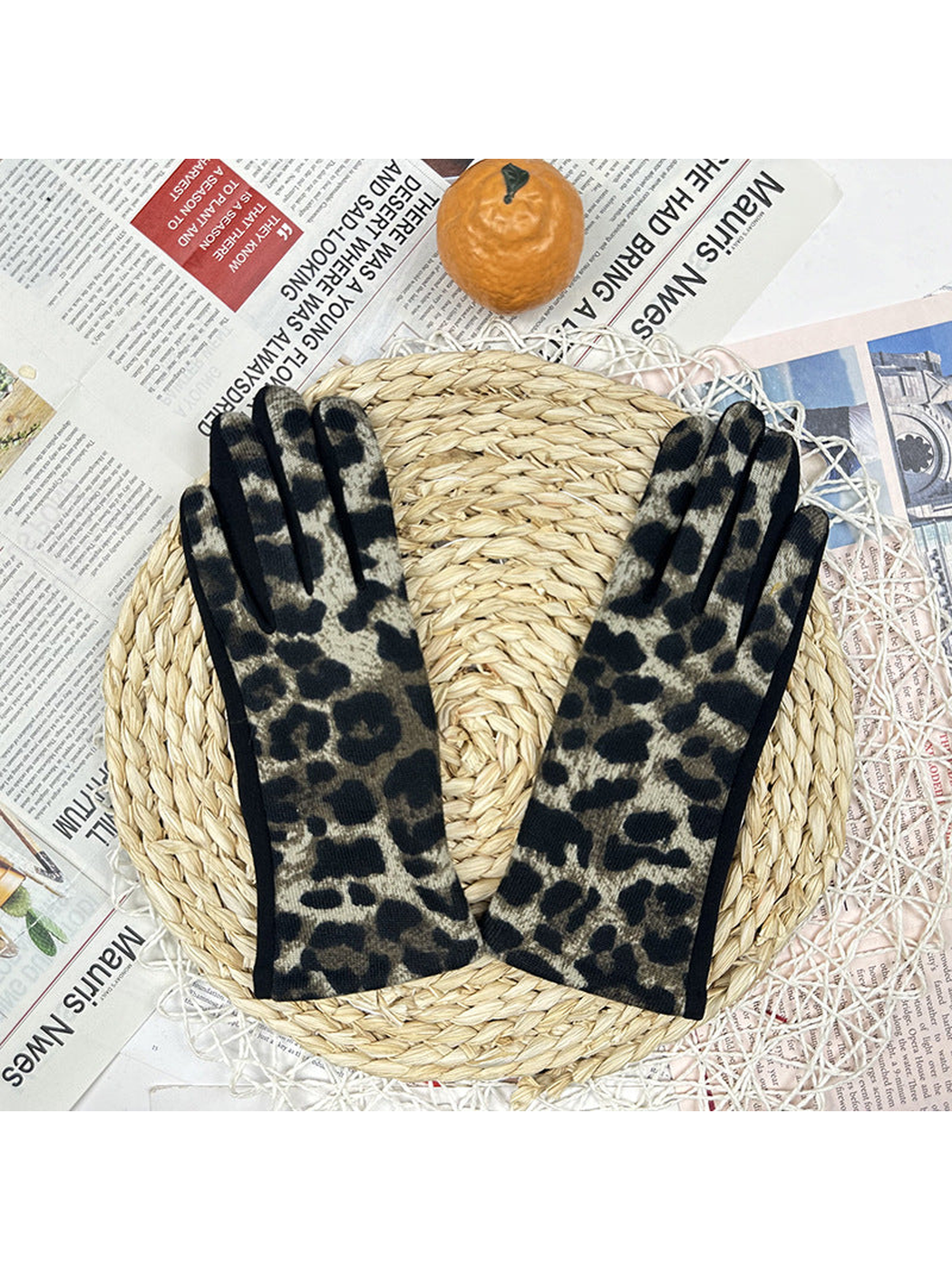 Dark khaki leopard-print gloves displayed as a pair