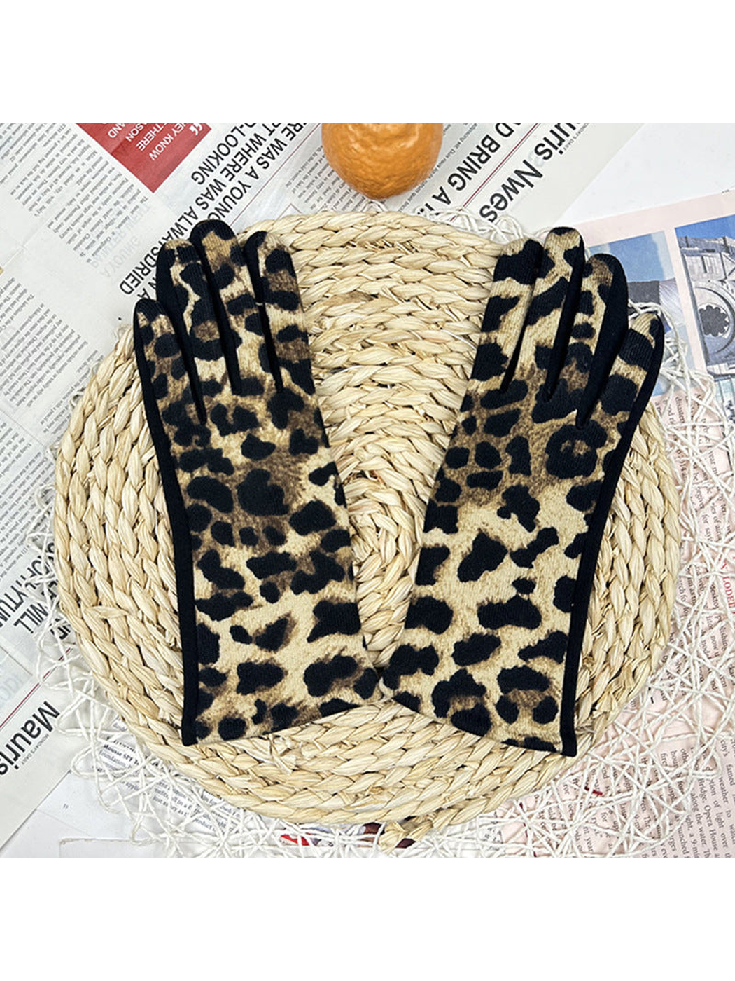 Beige leopard-print gloves displayed as a pair