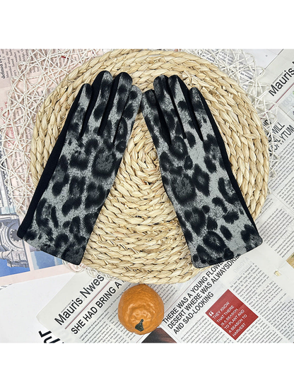 Gray leopard-print gloves with a brushed-looking surface displayed as a pair
