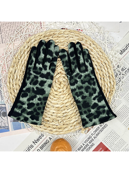 Army green leopard-print gloves displayed as a pair