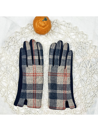 Plaid gloves with extended cuffs and dark contrast piping, back view