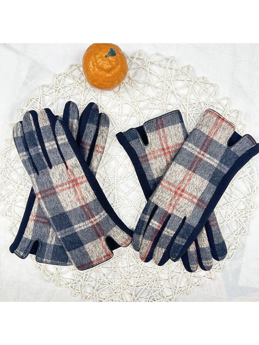 Plaid gloves arranged to show palm and back views