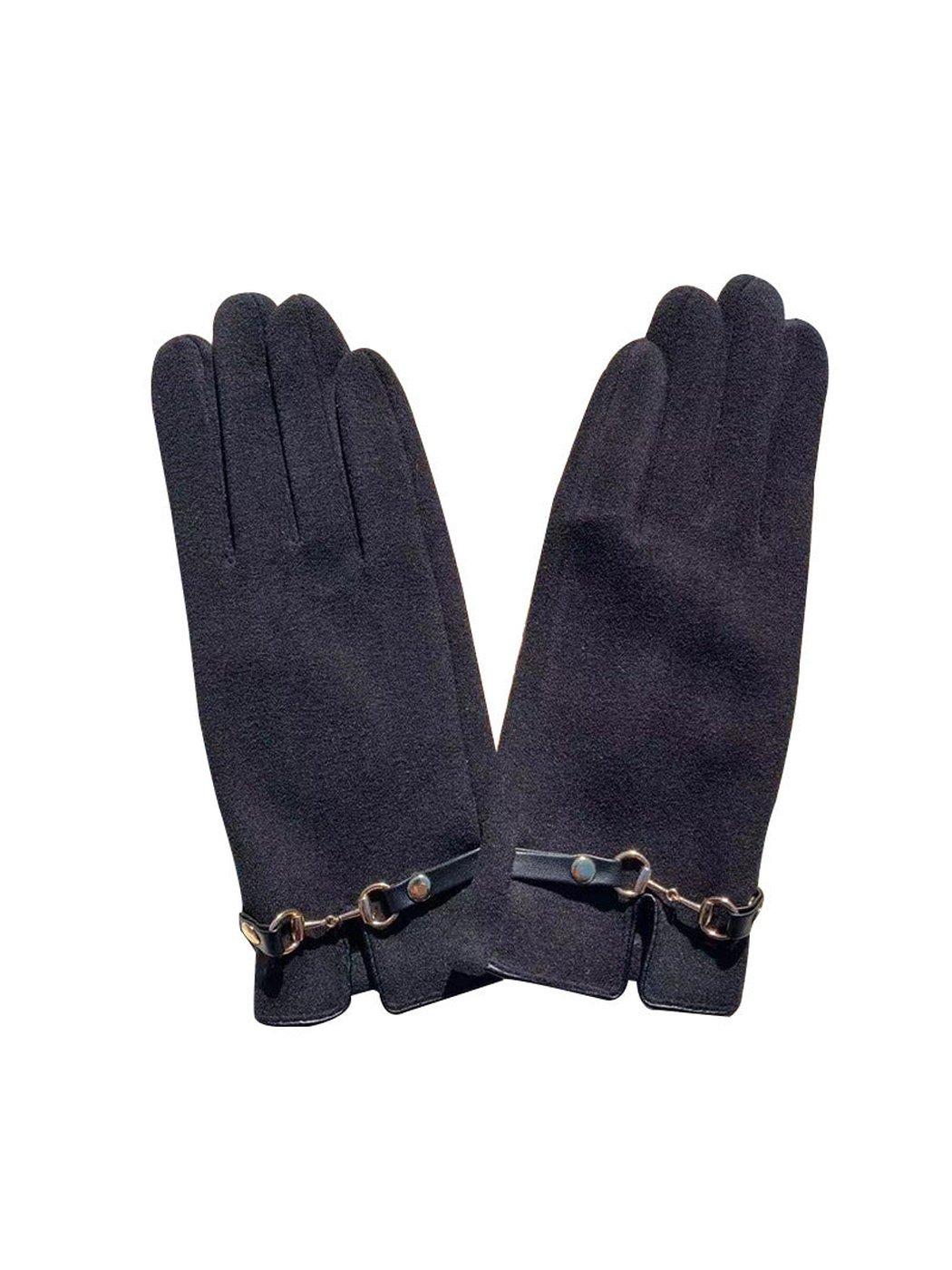 Black brushed-texture gloves with split cuffs and metal-tone wrist accents