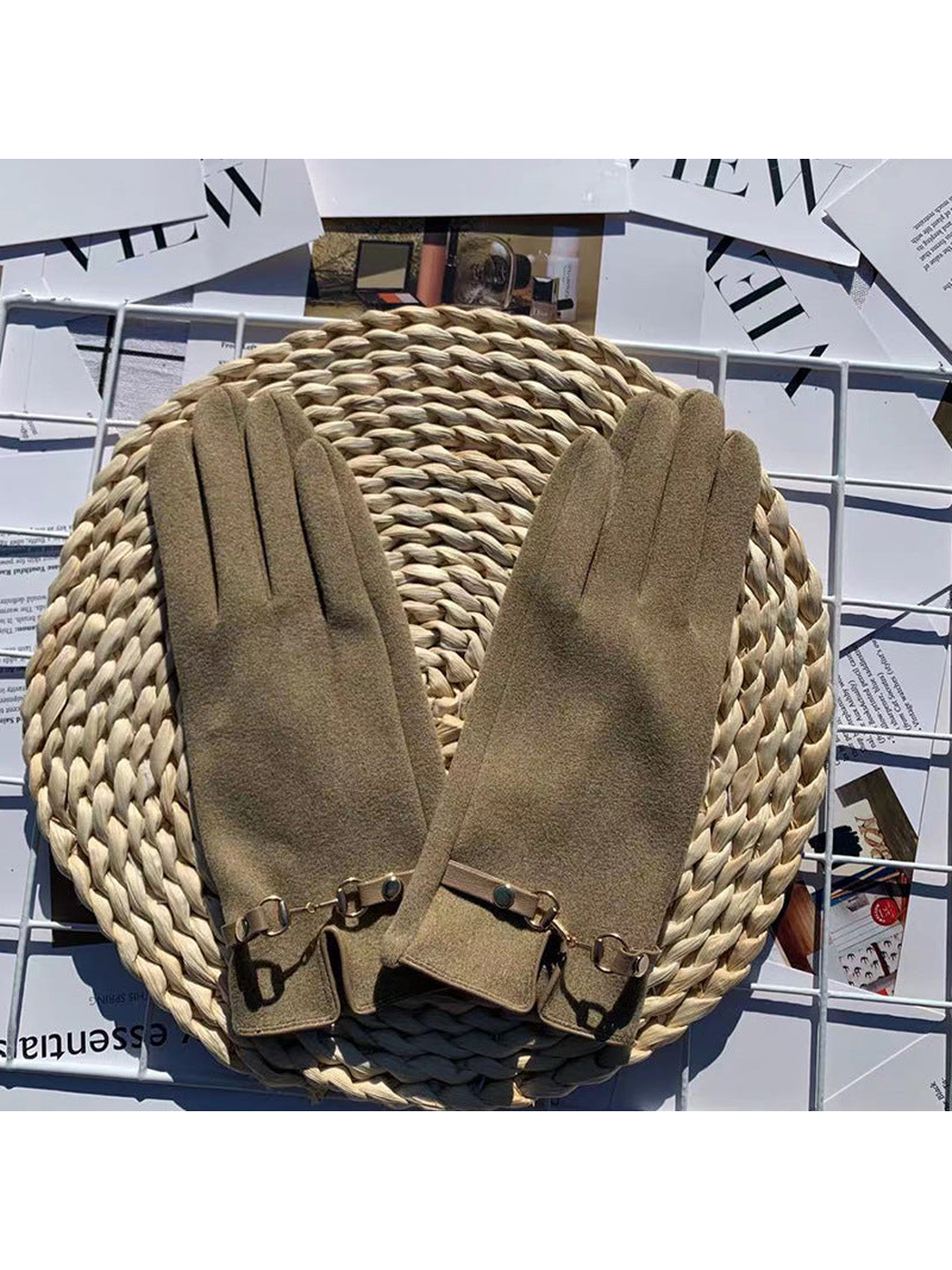 Khaki five-finger gloves with decorative wrist straps