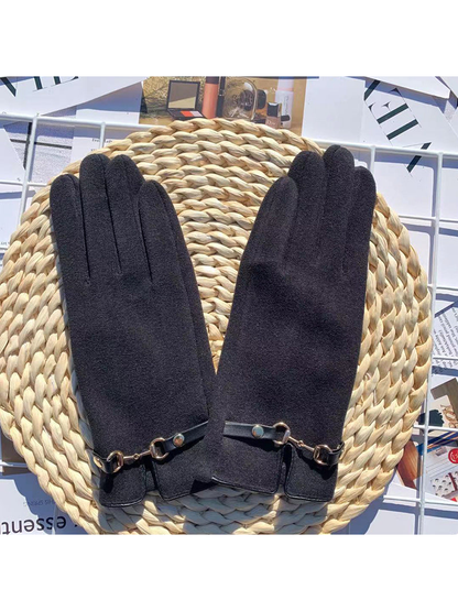 Black five-finger gloves with decorative wrist straps
