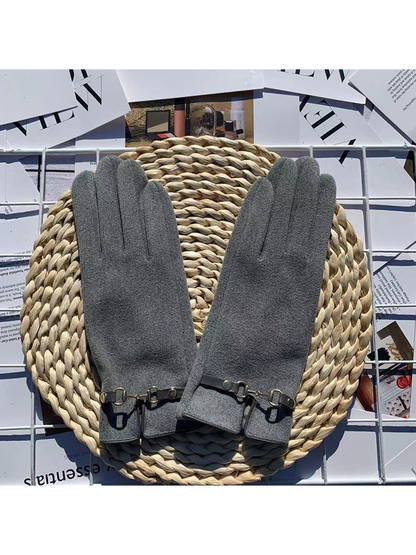 Gray five-finger gloves with decorative wrist straps