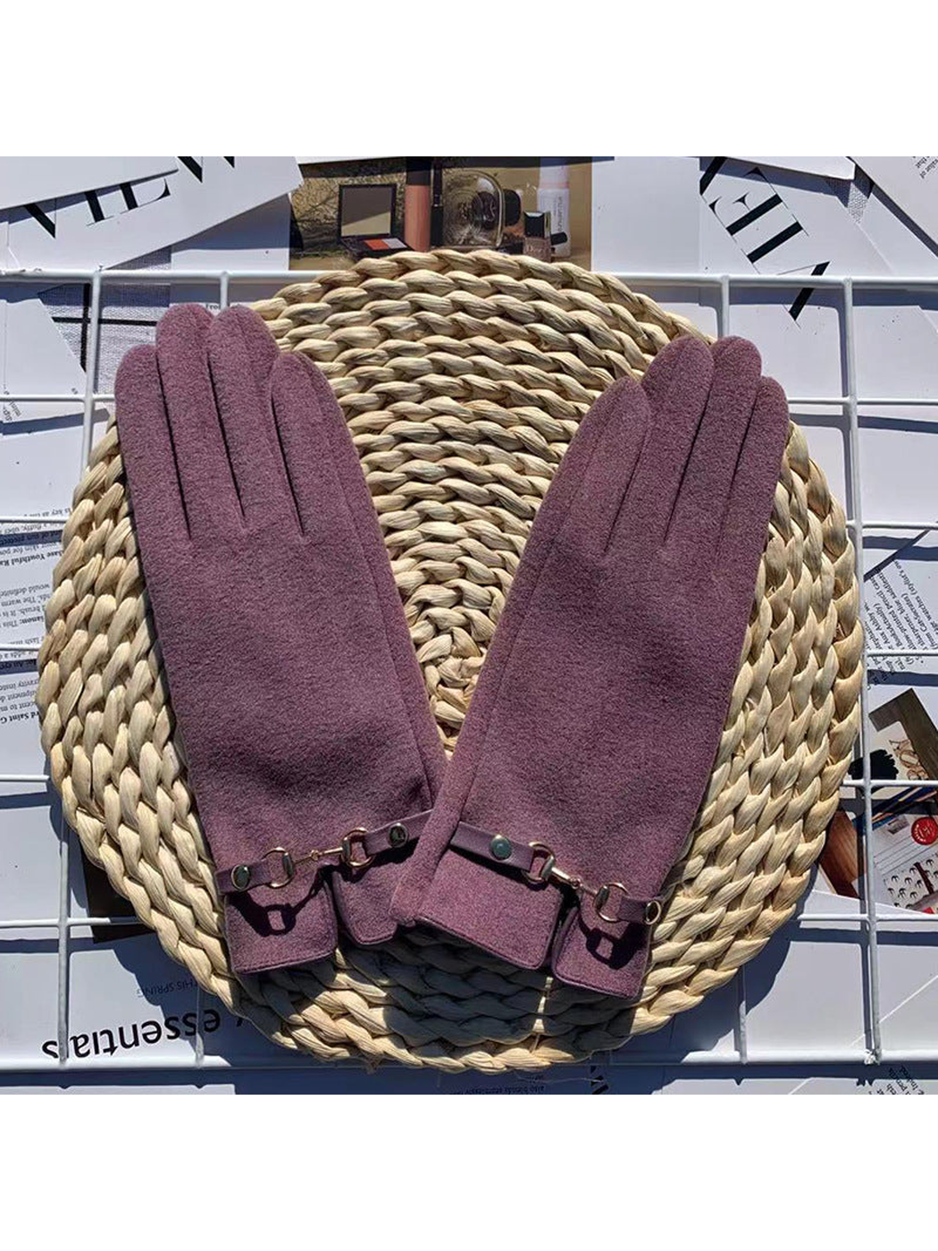 Heather purple five-finger gloves with decorative wrist straps