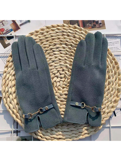 Lake blue five-finger gloves with decorative wrist straps