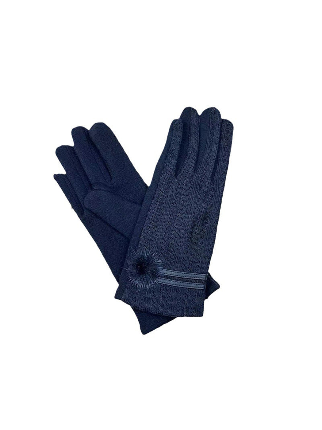 Navy ribbed gloves with extended cuffs and fuzzy pom-pom accents