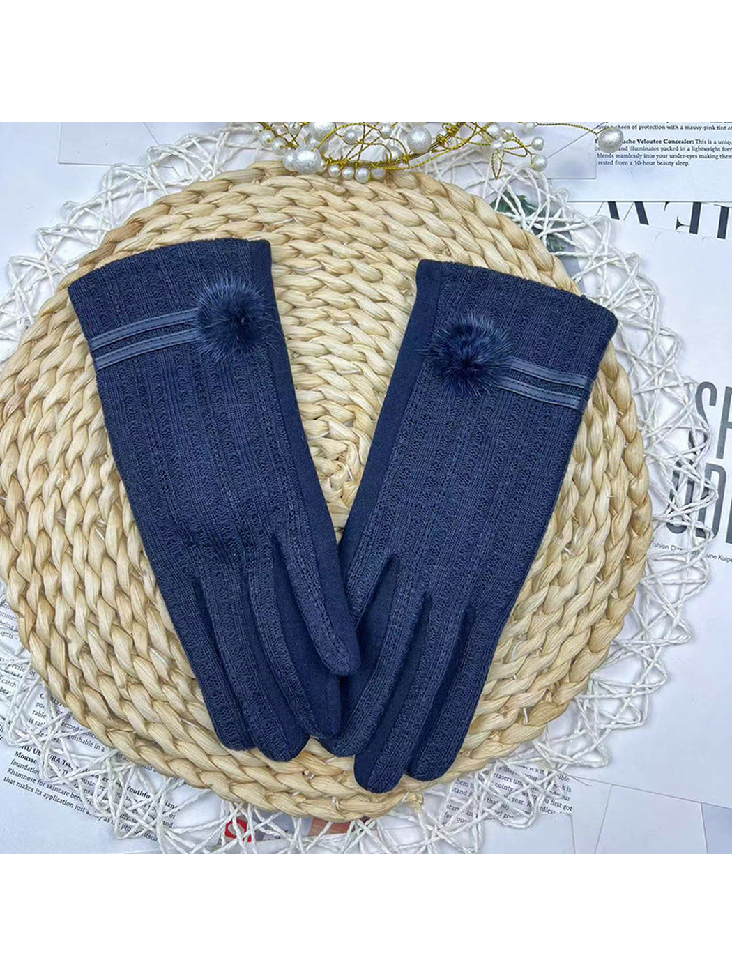 Navy gloves with ribbed texture and fuzzy cuff accents, front view