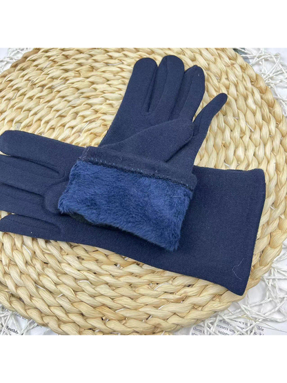 Close-up of the fuzzy inner cuff on navy gloves