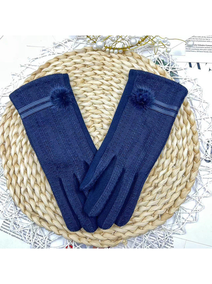 Pair of navy ribbed gloves with fuzzy cuff accents
