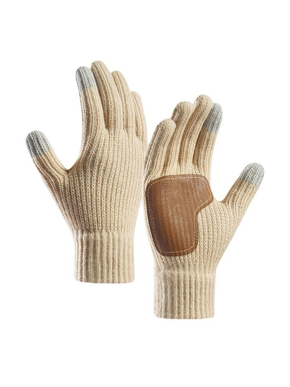 Beige ribbed gloves with contrasting palm patch and fingertips