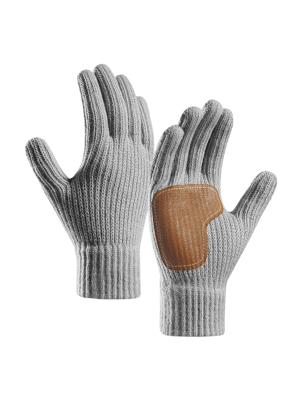 Light gray ribbed gloves with contrasting brown palm patch