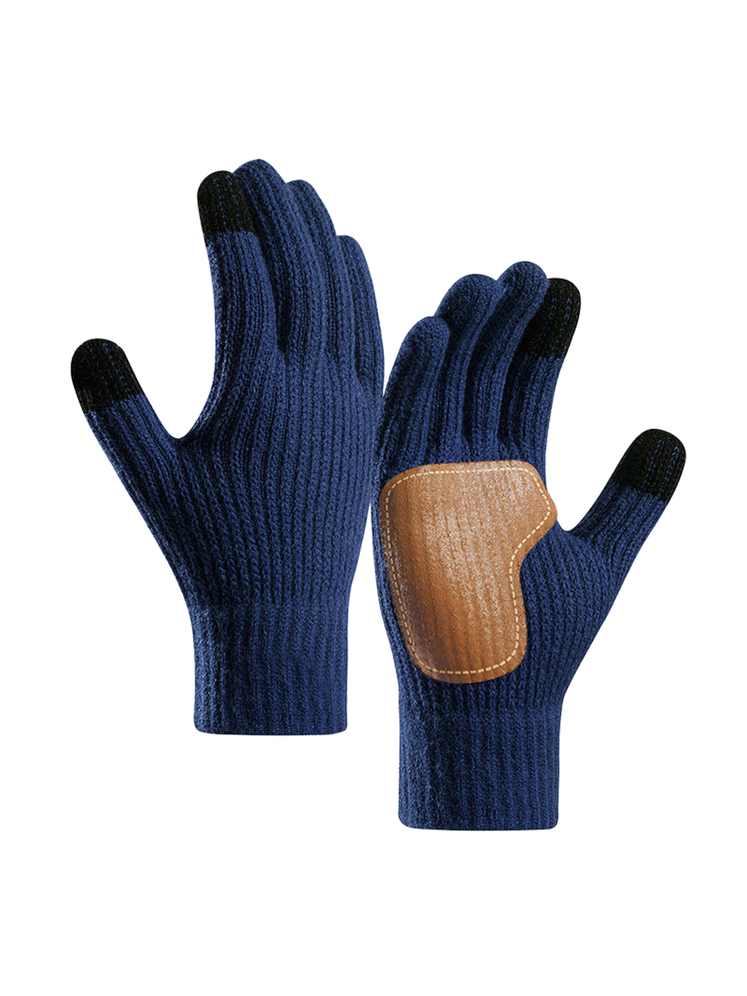 Navy ribbed gloves with contrasting brown palm patch and dark fingertips