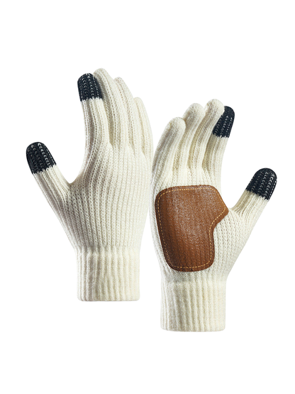 White ribbed gloves with contrasting brown palm patch and dark fingertips