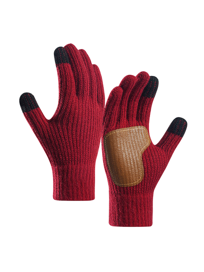 Burgundy ribbed gloves with contrasting brown palm patch and dark fingertips