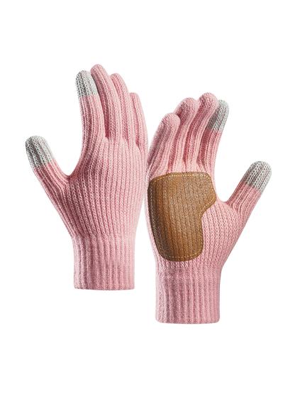 Pink ribbed gloves with contrasting brown palm patch and gray fingertips