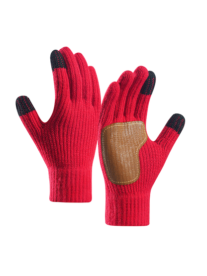 Red ribbed gloves with contrasting brown palm patch and dark fingertips
