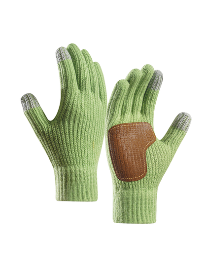 Green ribbed gloves with contrasting brown palm patch and gray fingertips