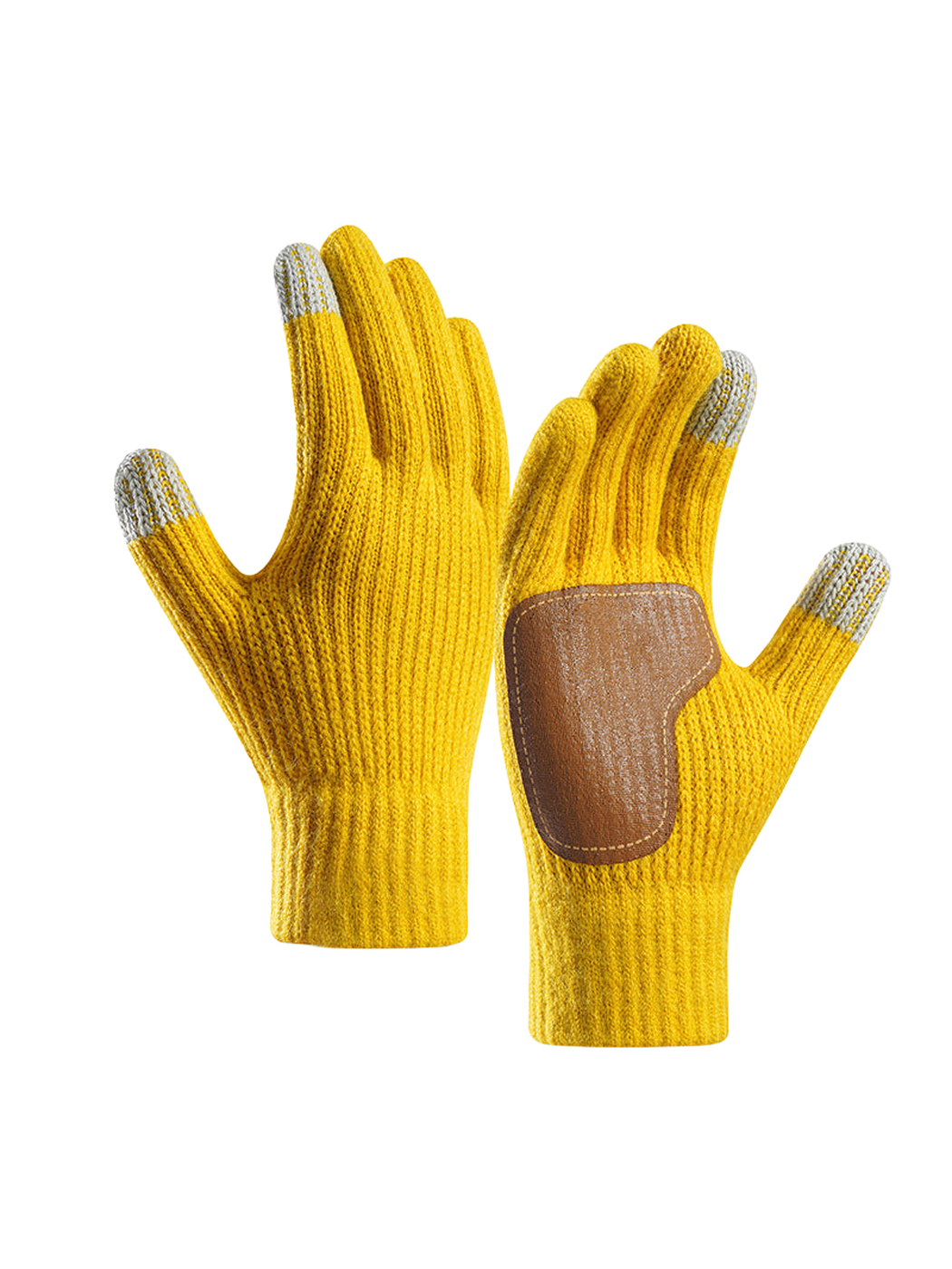 Yellow ribbed gloves with contrasting brown palm patch and gray fingertips