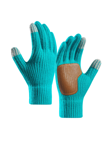 Lake blue ribbed gloves with contrasting brown palm patch and gray fingertips