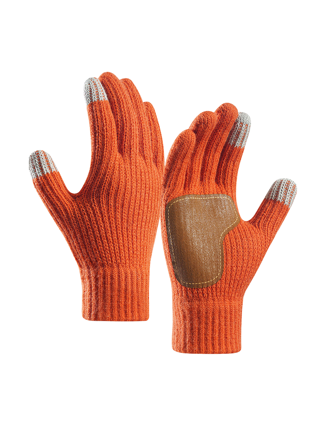 Orange ribbed gloves with contrasting brown palm patch and gray fingertips