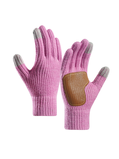 Light purple ribbed gloves with contrasting brown palm patch and gray fingertips