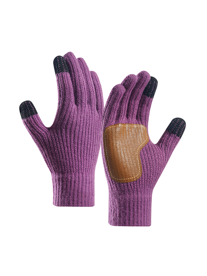 Deep purple ribbed gloves with contrasting brown palm patch and dark fingertips