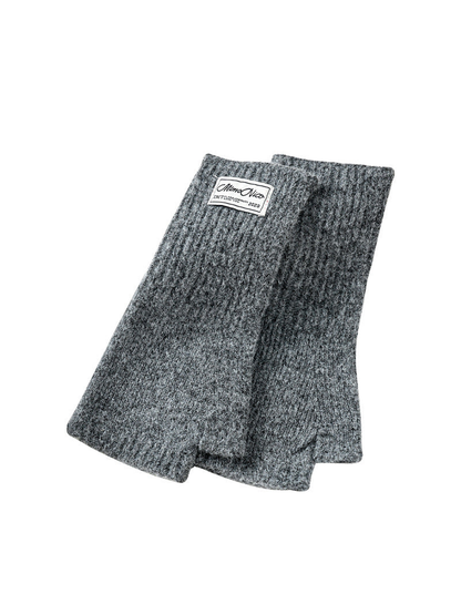 Dark gray fingerless gloves with extended ribbed cuffs on a white background