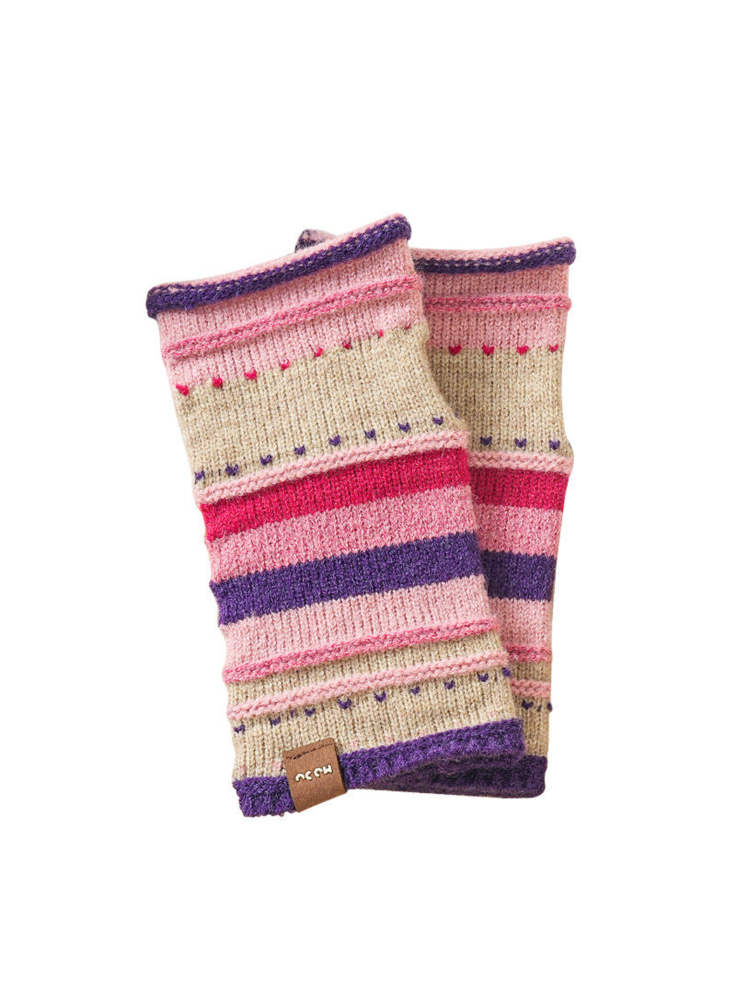 Pink, beige and purple striped fingerless gloves on a white background