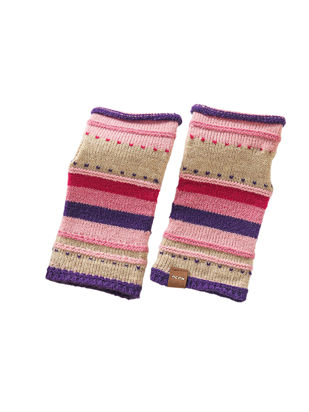 Red, pink, beige and purple striped fingerless gloves