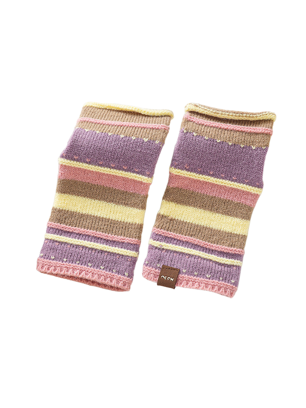 Pink and lavender striped fingerless gloves with beige and yellow bands