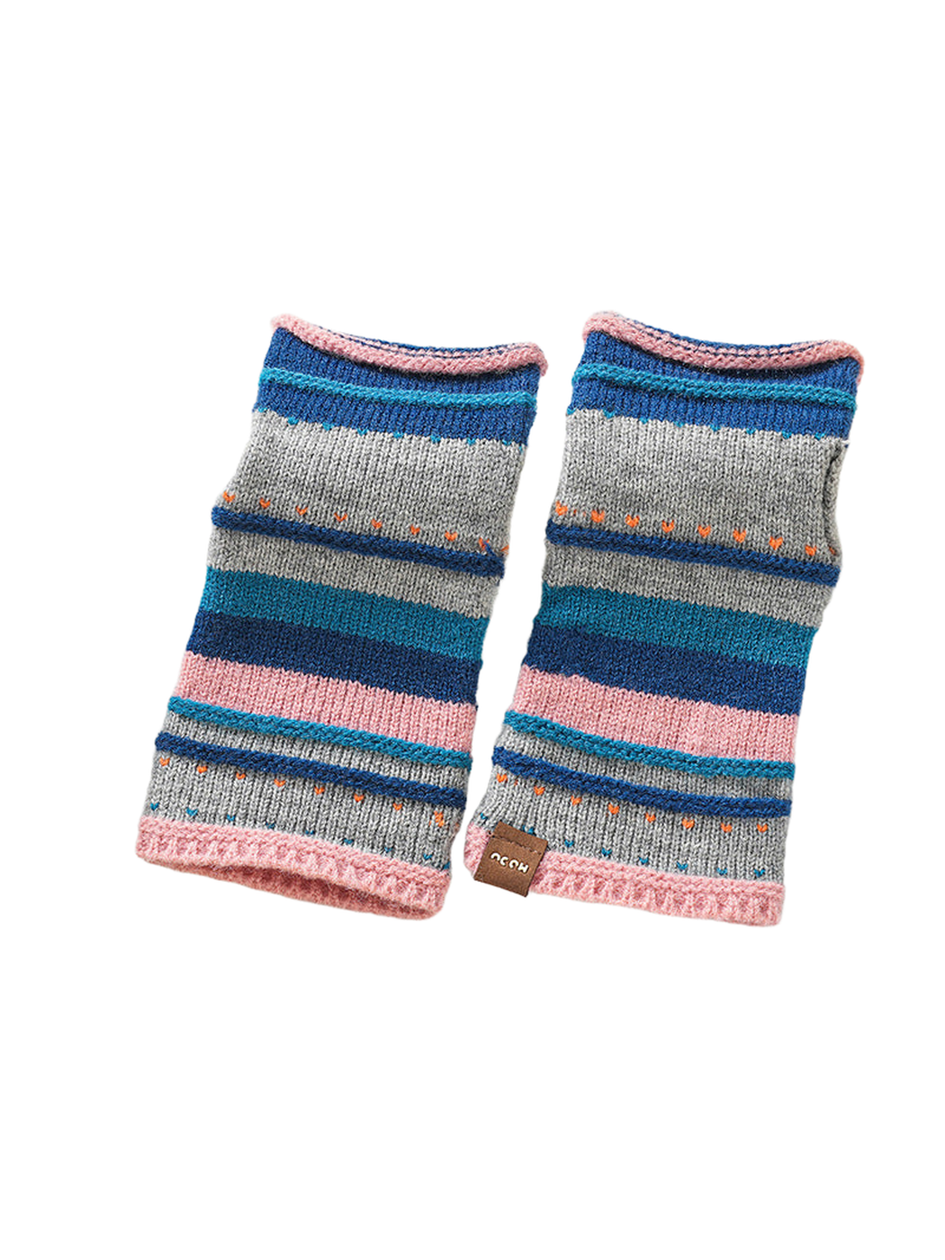 Blue and gray striped fingerless gloves with pink trim