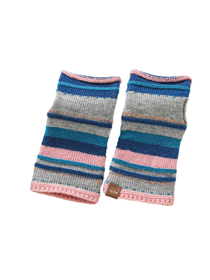 Blue and gray striped fingerless gloves with pink trim