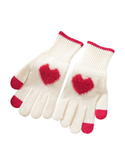 Ivory heart motif gloves with red fingertip accents