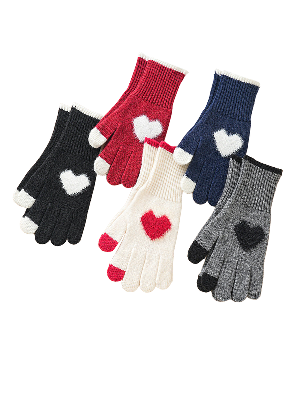 Five color variations of heart motif gloves displayed together