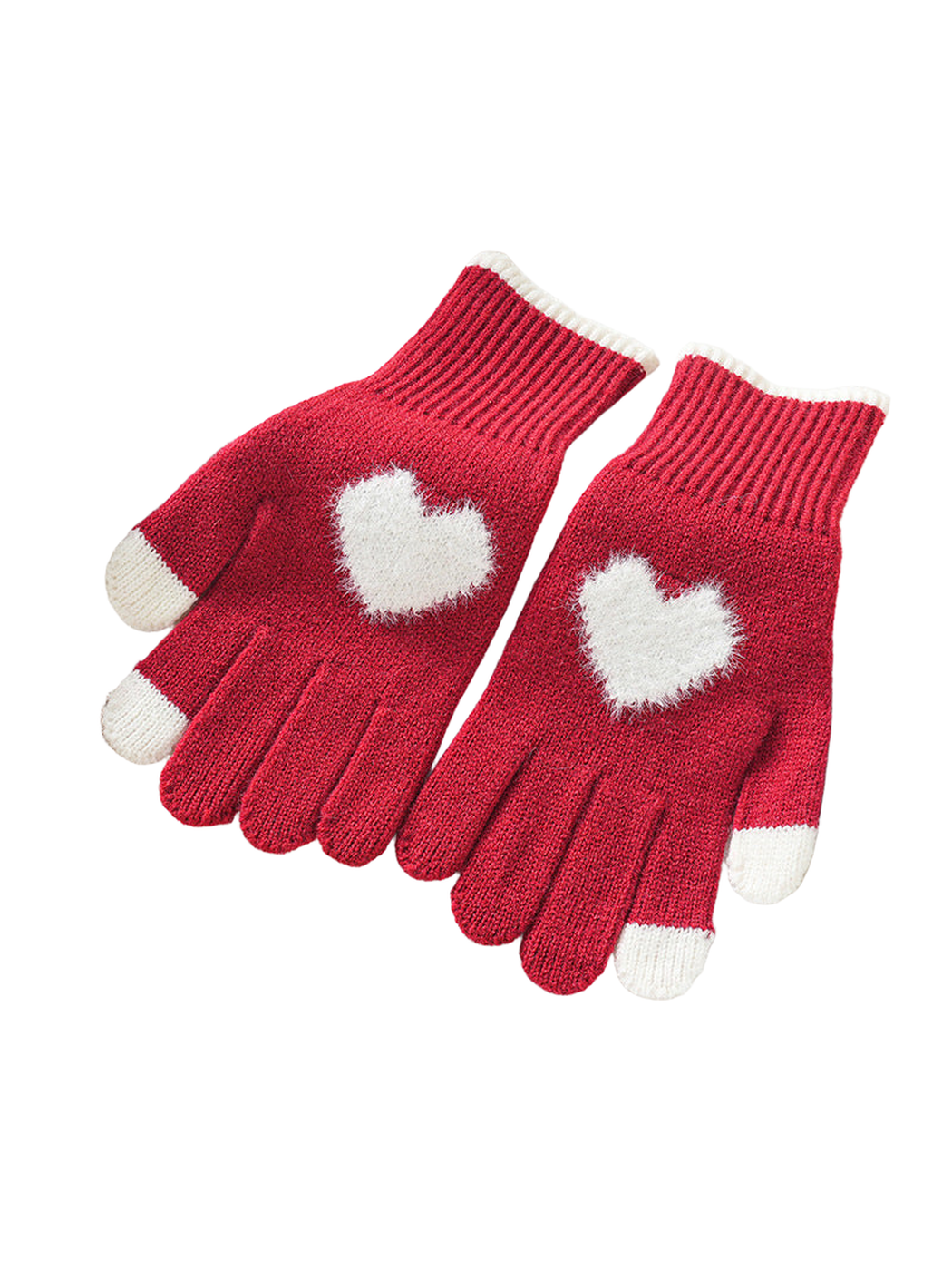 Red heart motif gloves with ivory accents