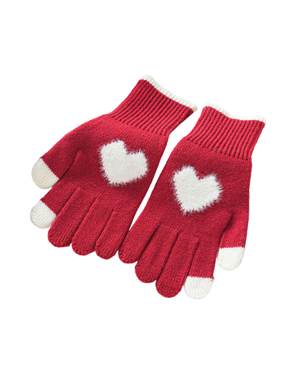 Red heart motif gloves with ivory accents
