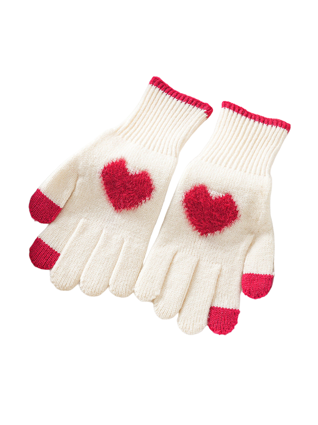 Ivory heart motif gloves with red accents