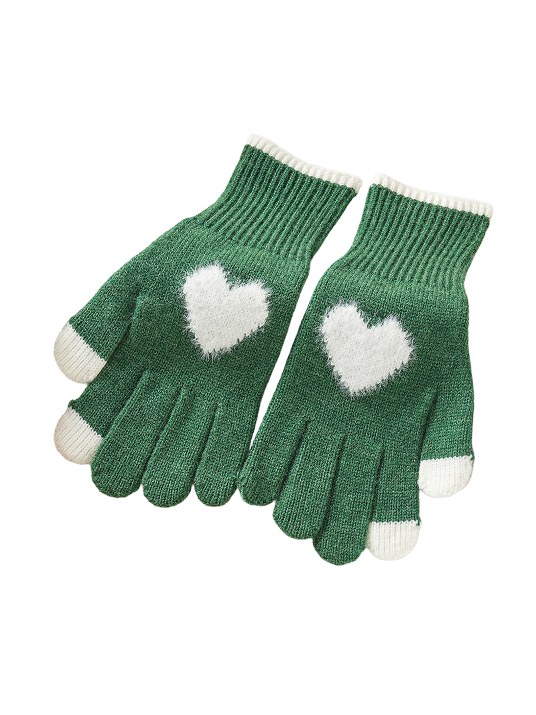 Green heart motif gloves with ivory accents